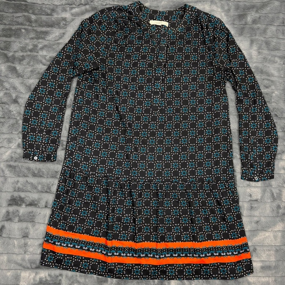 Loft Petites Black Geometric Medallion Drop Waist Dress Orange Border LP